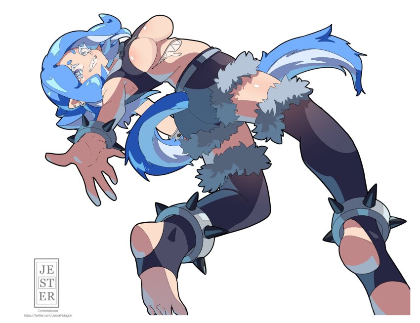 1girl anklet ass bad_tag barefoot black_thighhighs blue_eyes blue_hair bracelet breasts earrings feet full_body fur-trimmed_shorts fur-trimmed_thighhighs fur_trim grin highres jesternalagon jewelry large_breasts long_hair looking_at_viewer original outstretched_arms sharp_teeth short_shorts shorts simple_background smile soles solo spikes stirrup_legwear stomach_mouth tail teeth thighhighs toeless_legwear toes underboob white_background zipper