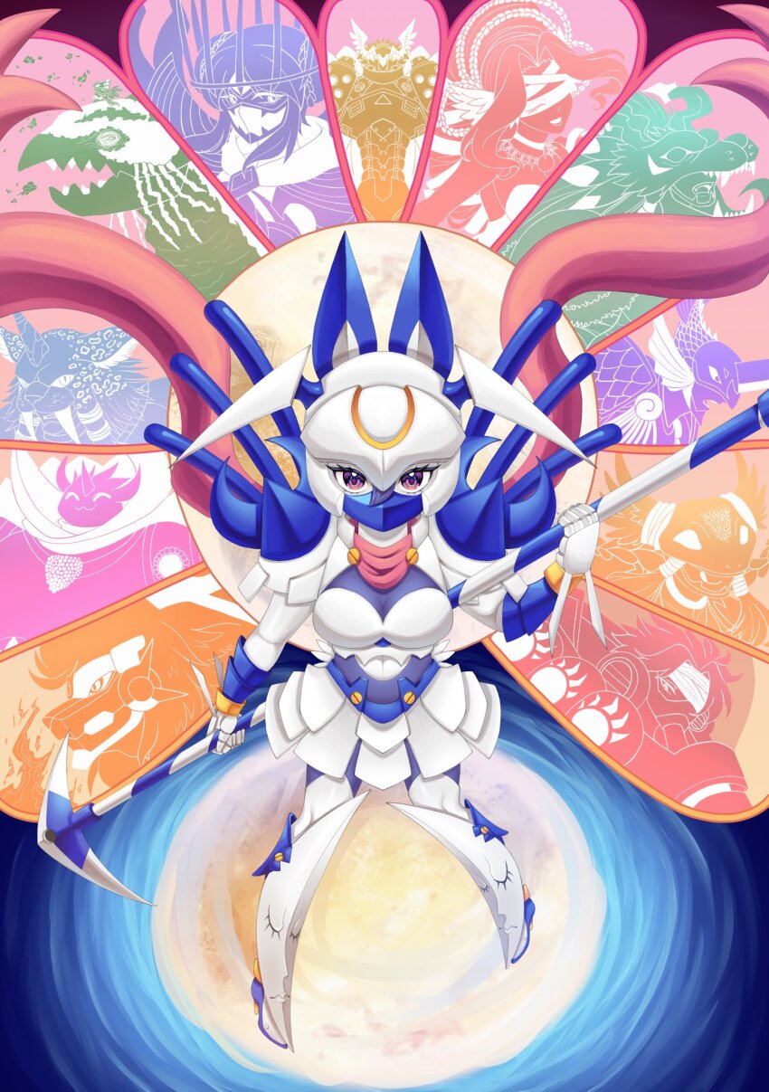 4girls 6+boys alternate_eye_color apollomon armor bacchusmon blue_hair ceresmon ceresmon_medium colored_skin dianamon digimon digimon_(creature) double_blade gauntlets hair_between_eyes helmet highres holding holding_scythe junomon jupitermon marsmon mercurymon minervamon multiple_boys multiple_girls neptunemon pink_eyes pink_scarf scarf scythe solo_focus venusmon vulcanusmon white_armor white_helmet white_skin yveltalvee