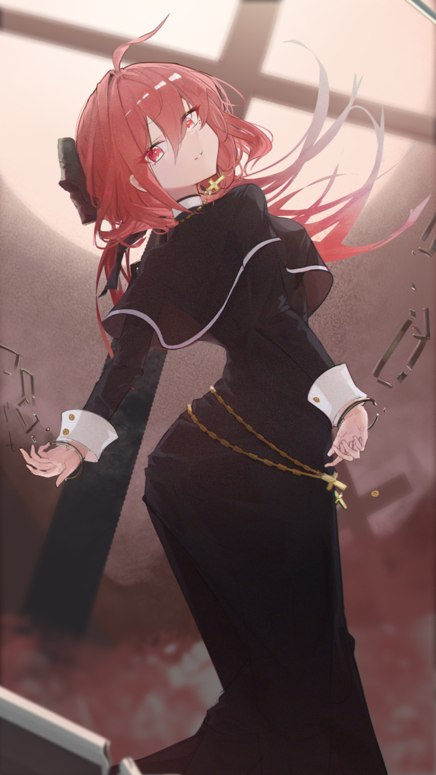 1girl ahoge black_capelet black_dress bracelet breasts brown_dust_(series) brown_dust_2 capelet dress eyebrows_hidden_by_hair from_behind full_moon hair_between_eyes highres jewelry large_breasts liberta_(brown_dust_2) liberta_(dark_saintess)_(brown_dust_2) long_hair looking_at_viewer looking_back moon nun open_mouth pink_hair red_eyes rosary smile solo ulder