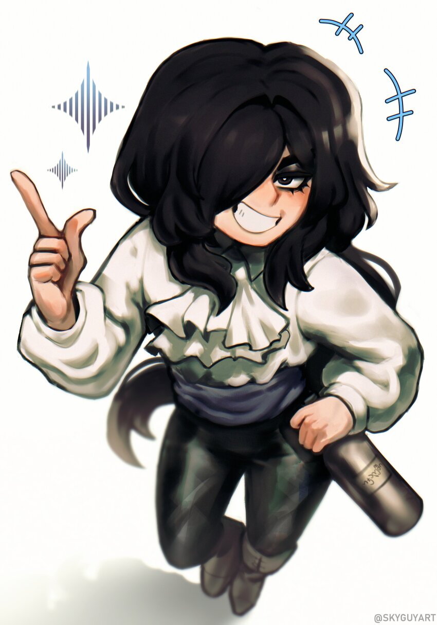 1boy absurdres black_hair bottle cosplay hair_over_one_eye highres long_hair open_mouth original pirate roland_(ms_pigtails) sky_guy_art smile solo standing teeth trap