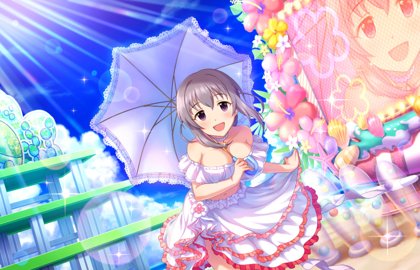 1girl armpit_crease beach blue_sky blush breasts choker cleavage cloud cloudy_sky day feet_out_of_frame frilled_skirt frills game_cg grey_hair hair_between_eyes hand_up holding idolmaster idolmaster_cinderella_girls idolmaster_cinderella_girls_starlight_stage lace-trimmed_umbrella large_breasts leaning_forward lens_flare looking_at_viewer midriff navel off-shoulder_shirt off_shoulder official_art outdoors parasol purple_eyes sakakibara_satomi shadow shirt sidelocks skirt skirt_hold sky solo sparkle standing umbrella white_choker white_skirt