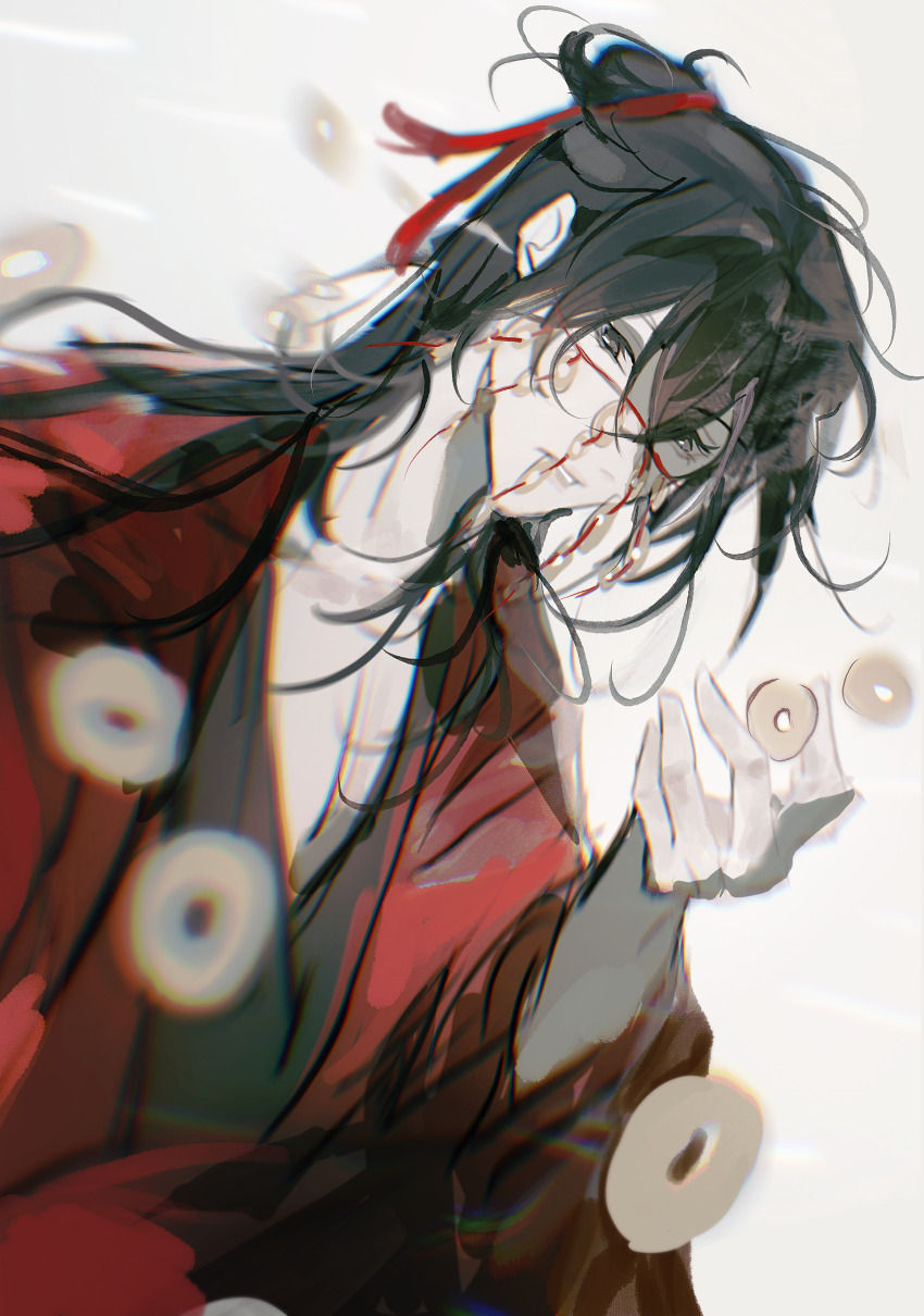 1boy aaawwwssslll absurdres bishounen black_eyes black_hair black_hanfu blurry blurry_foreground chinese_clothes chinese_commentary chromatic_aberration coat coin coin_mask dao_gui_yi_xian hair_between_eyes hair_bun hair_ribbon half_updo hand_up hanfu highres holding holding_coin holed_coin li_huowang long_hair long_sleeves looking_at_viewer male_focus mask messy_hair mouth_veil parted_lips pectoral_cleavage pectorals red_coat red_ribbon ribbon robe simple_background single_hair_bun sketch solo string upper_body veil white_background wide_sleeves