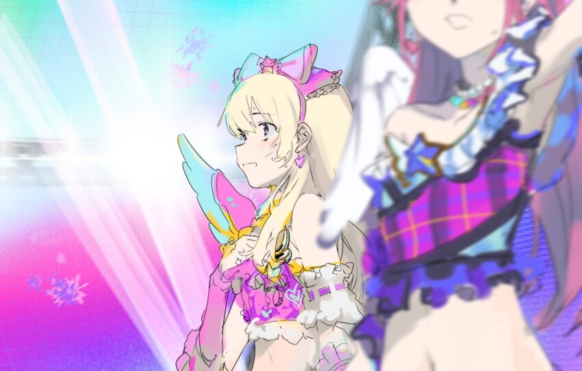 2girls aikatsu! aikatsu!_(series) bad_id bad_twitter_id bare_shoulders blonde_hair blurry blurry_foreground bow cropped_shirt earrings hair_bow hairband hand_on_own_chest highres hoshimiya_ichigo idol idol_clothes inactive_account jewelry long_hair looking_ahead midriff multiple_girls open_mouth otoshiro_seira out_of_frame pink_shirt shirt smile stage_lights suiso_(owp) upper_body wings