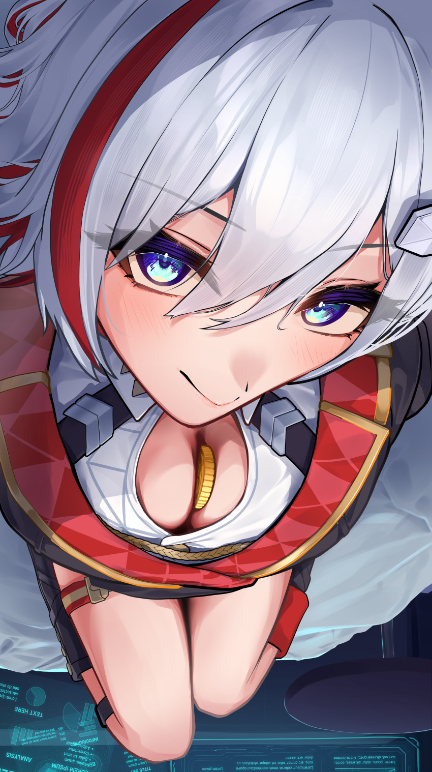 1girl absurdres between_breasts black_boots blue_eyes boots breasts cleavage coin commentary_request from_above grey_hair hair_between_eyes hair_ornament highres honkai:_star_rail honkai_(series) knee_boots looking_at_viewer multicolored_hair shumai_il smile solo streaked_hair thigh_strap topaz_(honkai:_star_rail)