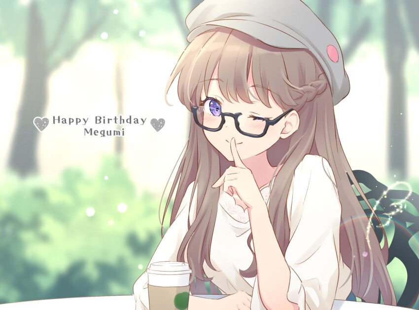1girl arms_on_table blurry blurry_background braid brown_hair chair commentary_request cup disposable_coffee_cup disposable_cup english_text finger_to_mouth fujishima_megumi fujishima_megumi_(summer_casual) glasses grey_hat grey_headwear half_up_braid hanazora_satsuki hat heart highres link!_like!_love_live! long_hair love_live! on_chair one_eye_closed outdoors purple_eyes rainbow semi-rimless_eyewear shirt shushing sidelocks sitting tree under-rim_eyewear white_shirt