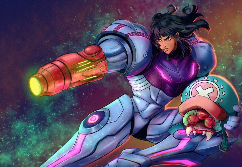 1girl absurdres arm_cannon armor black_hair cosplay ellie_mehl highres metroid_(creature) metroid_larva nico_robin no_headwear nose one_piece power_armor power_suit_(metroid) samus_aran samus_aran_(cosplay) smile tony_tony_chopper tony_tony_chopper_(cosplay) varia_suit weapon