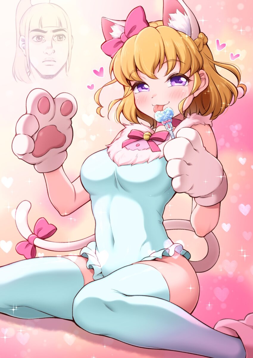 1girl animal_ears animal_hands arakawa_tarou asahina_mirai blush bow breasts cat_ears cat_paws cat_tail covered_navel fake_animal_ears fake_tail hair_bow heart highres izayoi_liko leotard licking mahou_girls_precure! mahou_girls_precure!!_mirai_days medium_breasts medium_hair orange_hair precure purple_eyes simple_background sitting smile solo sparkle tail thighhighs wand yokozuwari