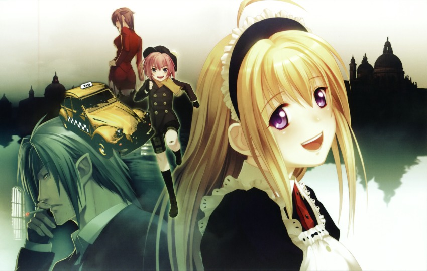 1boy 3girls :d anna_(gekkou_no_carnevale) bandaid bike_shorts black_hair blonde_hair blue_eyes brown_hair business_suit newsboy_cap car city fingerless_gloves formal_clothes gekkou_no_carnevale gloves green_hair happy hat highres kneehighs long_hair maid maid_headdress motor_vehicle multiple_girls noel_(gekkou_no_carnevale) oosaki_shin&#039;ya open_mouth pink_hair purple_eyes rebecca_(gekkou_no_carnevale) red_hair romeo_(gekkou_no_carnevale) scarf short_hair silver_hair smile smoking socks suit taxi