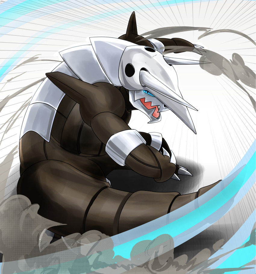 absurdres aggron arm_armor armor blue_eyes facing_away facing_to_the_side fake_horns game_freak gen_3_pokemon helmet highres horned_headwear horned_helmet horns incoming_attack light_particles light_rays looking_to_the_side nikkado nintendo open_mouth plate_armor pokemon pokemon_(creature) smoke smoke_trail white_background