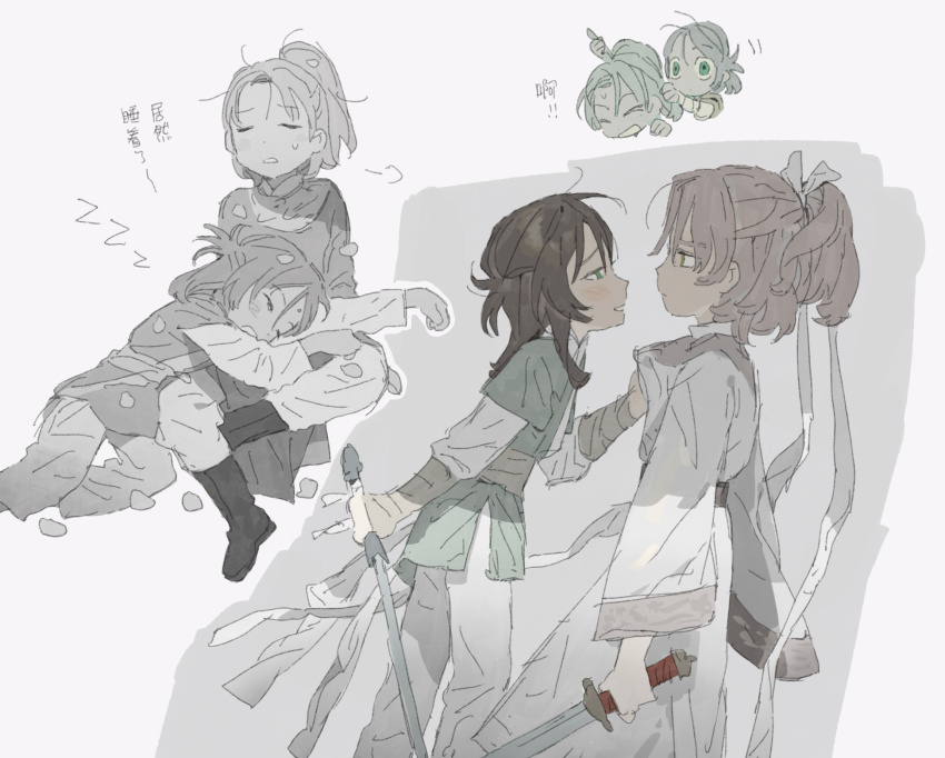 2girls banbi brown_hair chinese_clothes hanfu highres lap_pillow light_brown_hair ma_fu multiple_girls multiple_views original sword weapon yuanlingpao yuri