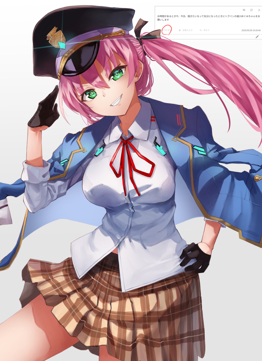1girl absurdres aikawa_megumi alternate_costume breasts commentary_request green_eyes hat heaven_burns_red highres jacket ksrg_nhr076 kunimi_tama long_hair long_sleeves pink_hair pleated_skirt ribbon shirt skirt solo white_shirt