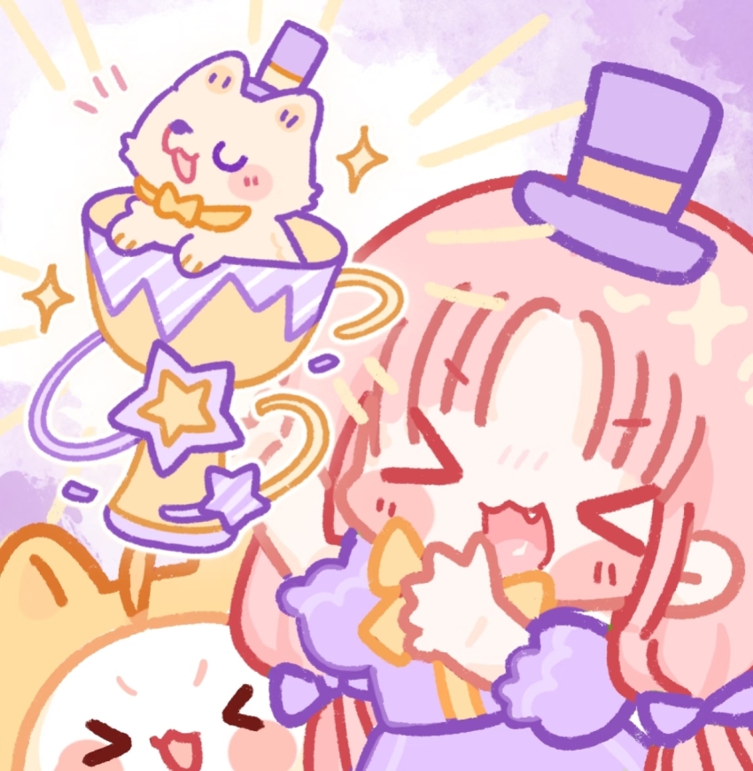 &gt;_&lt; 1girl ahoge animal blunt_bangs blush_stickers bow bowtie cat chibi clothed_animal cloud day dog ear_covers emphasis_lines fang hair_bow happy hat highres hood hood_up infinity_nikki long_hair low_twintails mini_hat mini_top_hat momo_(nikki) nikki_(nikki) nikki_(series) notice_lines open_mouth outdoors parted_bangs pink_hair puffy_short_sleeves puffy_sleeves purple_bow purple_hat purple_shirt purple_skirt shirt short_sleeves skirt skirt_set sky smile sparkle standing star_(symbol) top_hat traditional_bowtie tree trophy twintails variant_set very_long_hair white_cat white_sky yanxie_(lofter_926943) yellow_bow yellow_bowtie yellow_hood