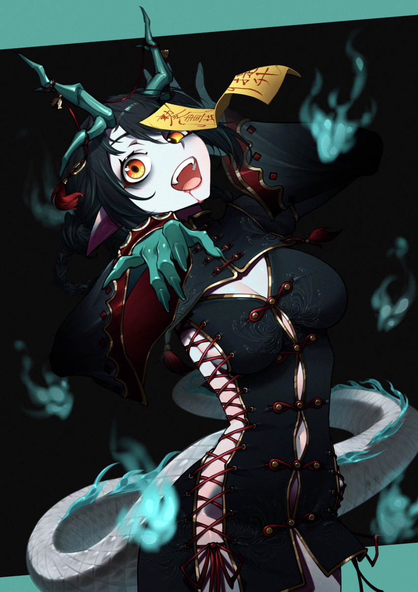 1girl absurdres arknights black_dress black_hair blood breasts chinese_commentary cleavage cleavage_cutout clothing_cutout colored_extremities commentary cowboy_shot cross-laced_clothes cross-laced_dress dragon_girl dragon_horns dragon_tail dress dusk_(arknights) energy fingernails ghosty_(xiaobai) highres hitodama horns jiangshi large_breasts long_fingernails long_hair long_sleeves looking_at_viewer making-of_available navel_cutout no_panties ofuda ofuda_on_head open_mouth orange_eyes pale_skin procreate_(medium) sharp_fingernails solo standing tail wide_sleeves