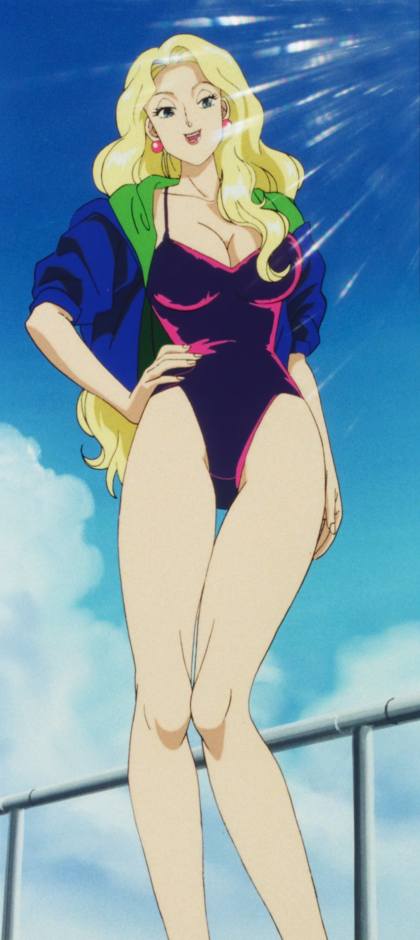 1girl absurdres bare_legs black_one-piece_swimsuit blue_sky breasts cleavage earrings hand_on_own_hip highres jewelry large_breasts lips long_hair looking_at_viewer marilyn_(red_baron) one-piece_swimsuit red_baron_(anime) screencap seductive_smile sky smile standing sunlight swimsuit third-party_edit very_long_hair