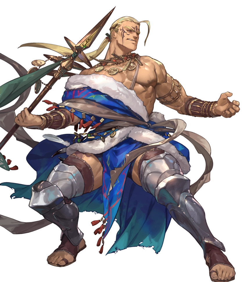 1boy armlet bare_pectorals blonde_hair dark-skinned_male dark_skin facial_tattoo fighting_stance fire_emblem fire_emblem:_the_binding_blade fire_emblem_heroes full_body fur_trim gold_necklace hawkeye_(fire_emblem) highres holding holding_polearm holding_weapon jewelry lance large_pectorals leg_armor long_hair male_focus muscular muscular_male necklace nintendo nipples non-web_source official_art pectorals polearm ponytail sandals so-taro tattoo thick_thighs thighs toes transparent_background weapon