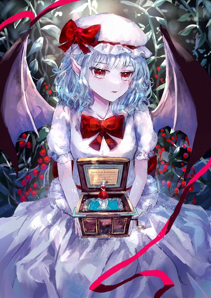 1girl ascot bat_wings blue_hair box brooch gift gift_box hat hat_ribbon highres jewelry mob_cap music_box nature pink_hat plant red_ascot red_eyes remilia_scarlet ribbon short_hair suzushina touhou wings