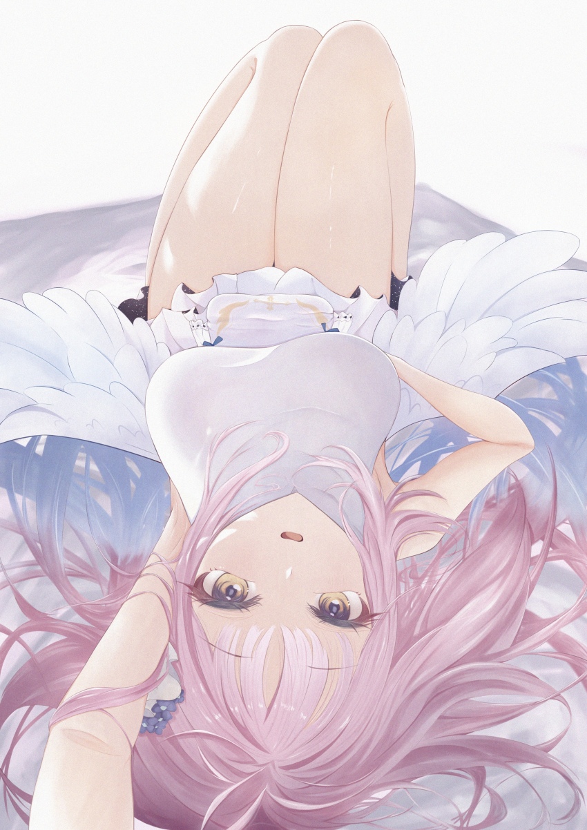 0tmz4_09 1girl :o absurdres armpits bare_legs blue_archive breasts commentary_request dress feathered_wings gradient_hair hair_spread_out highres knees_up long_hair looking_at_viewer lying medium_breasts mika_(blue_archive) multicolored_hair on_back pink_hair selfie solo upside-down very_long_hair white_dress white_wings wings