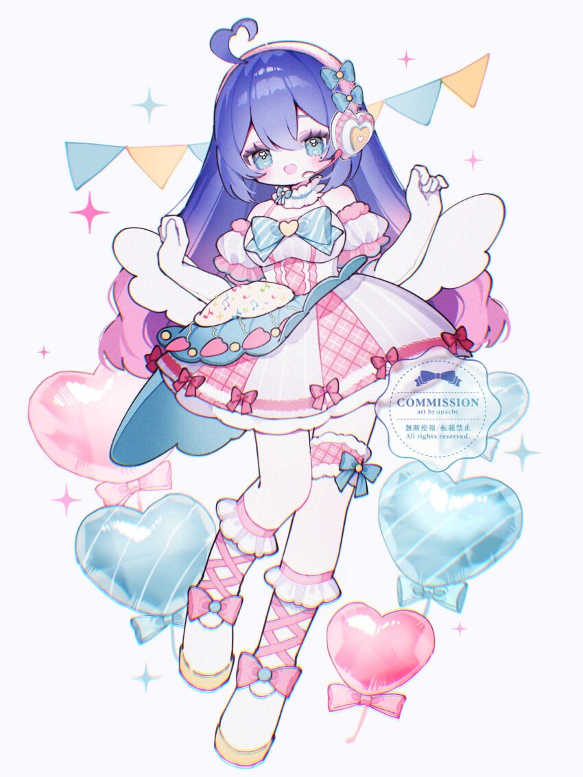 1girl :d ahoge artist_name balloon bare_shoulders blue_bow blue_bowtie blue_eyes blue_hair blush bow bowtie breasts commentary commission double-parted_bangs dress dress_bow elbow_gloves footwear_bow frilled_socks frilled_thigh_strap frills full_body gloves gradient_hair hair_between_eyes hairband hands_up heart heart_ahoge heart_balloon highres long_hair looking_at_viewer medium_breasts multicolored_hair open_mouth original pink_hair pink_hairband red_bow shoes short_sleeves simple_background smile socks solo sparkle standing striped_bow striped_bowtie striped_clothes thigh_strap upache watermark white_background white_dress white_gloves white_shoes white_socks
