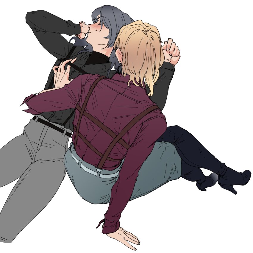 2girls absurdres black_boots black_hair black_shirt blonde_hair blush boots chief_(path_to_nowhere) closed_mouth collared_shirt commentary drw_backup earrings female_chief_(path_to_nowhere) grabbing_another&#039;s_breast grey_pants grey_skirt groping hashtag-only_commentary high_heel_boots high_heels highres jewelry langley_(path_to_nowhere) long_hair multiple_girls pants path_to_nowhere purple_shirt shirt simple_background sitting skirt sweat thigh_boots white_background yuri