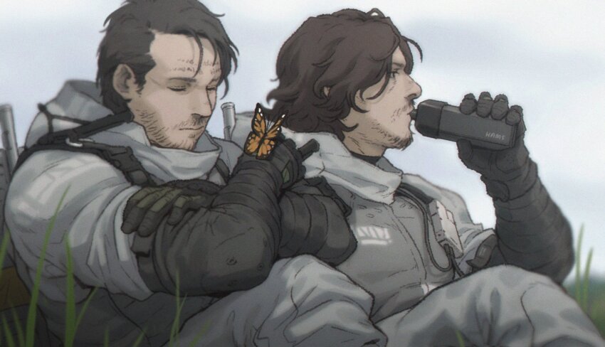 2boys black_gloves black_hair bottle brown_hair bug butterfly closed_mouth crossed_arms day death_stranding drinking facial_hair gloves gun hamms_hamss higgs_(death_stranding) highres holding holding_bottle insect male_focus multiple_boys orange_butterfly outdoors sam_porter_bridges short_hair sitting sky sleeping sleeping_upright spacesuit weapon weapon_on_back