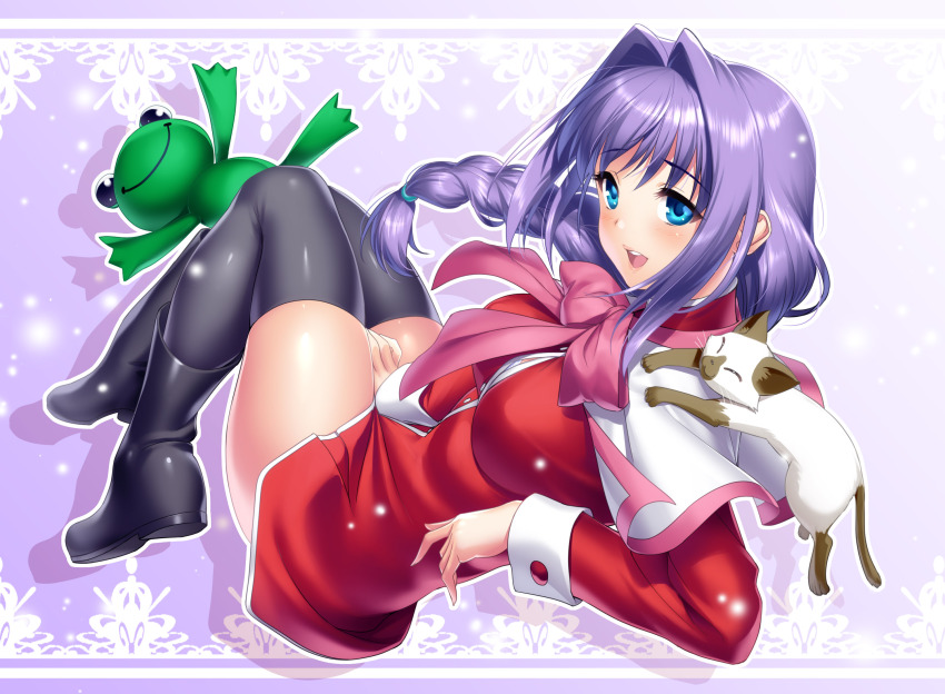 1girl alternate_costume animal animal_on_shoulder aqua_eyes between_legs black_boots blush boots bow bra bra_peek bra_visible_through_clothes braid braided_ponytail breasts cape capelet cat cat_on_shoulder commentary_request frog full_body hair_between_eyes hair_intakes hair_over_shoulder hand_between_legs highres kanon keropii kneehighs knees_together_feet_apart knees_up large_breasts long_hair long_sleeves looking_at_viewer lying mature_female minase_akiko neck_ribbon non-web_source open_mouth photoshop_(medium) pink_bow piro purple_hair ribbon school_uniform serafuku shiny_skin single_braid smile socks solo thighhighs underwear white_capelet zen_(kamuro) zettai_ryouiki