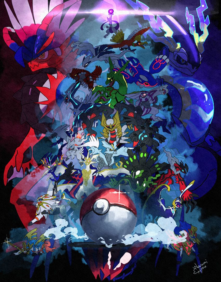 absurdres arm_up claws dark_background dialga energy_ball eternatus eternatus_(normal) fangs fog gen_1_pokemon gen_2_pokemon gen_3_pokemon gen_4_pokemon gen_5_pokemon gen_6_pokemon gen_7_pokemon gen_8_pokemon giratina giratina_(origin) glowing glowing_eyes groudon highres ho-oh horns koraidon kyogre kyurem legendary_pokemon lugia lunala mewtwo miraidon narumi_hyou necrozma necrozma_(ultra) nintendo no_humans palkia poke_ball poke_ball_(basic) pokemon pokemon_(creature) rayquaza red_eyes reshiram solgaleo wings xerneas yveltal zacian zacian_(crowned) zamazenta zamazenta_(crowned) zekrom zygarde zygarde_(50%)