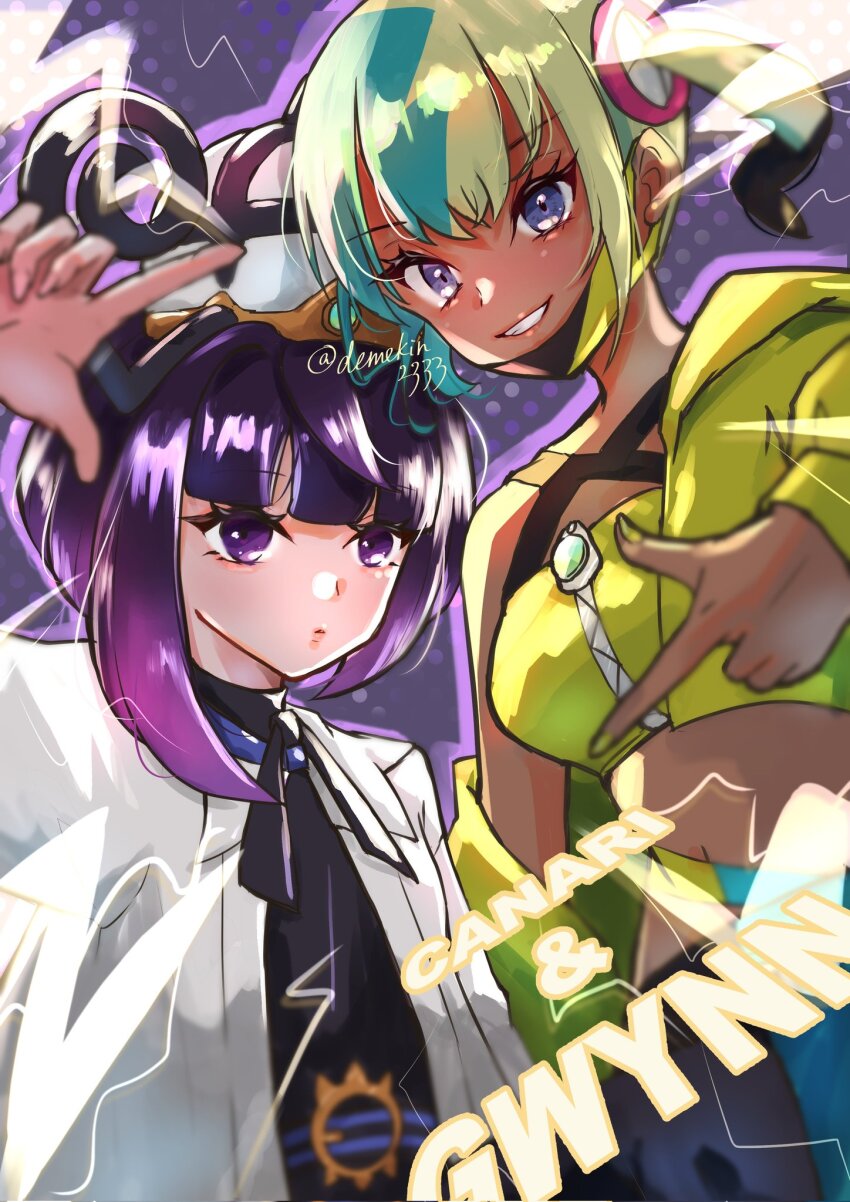 2girls aqua_hair bandeau belt belt_buckle black_belt black_dress black_hair blonde_hair blue_belt blunt_bangs bob_cut buckle canari_(pokemon) character_name coat commentary_request cropped_jacket dark-skinned_female dark_skin demekin2333 dress eyelashes gradient_hair gwynn_(pokemon) hat highres jacket l_hand looking_at_viewer midriff multicolored_hair multiple_girls nintendo o-ring o-ring_belt open_clothes open_coat open_jacket open_mouth parted_lips pokemon pokemon_legends:_z-a purple_background purple_eyes purple_hair short_hair single_off_shoulder smile split-color_hair teeth twitter_username two-tone_belt upper_body white_coat yellow_bandeau yellow_jacket yellow_nails