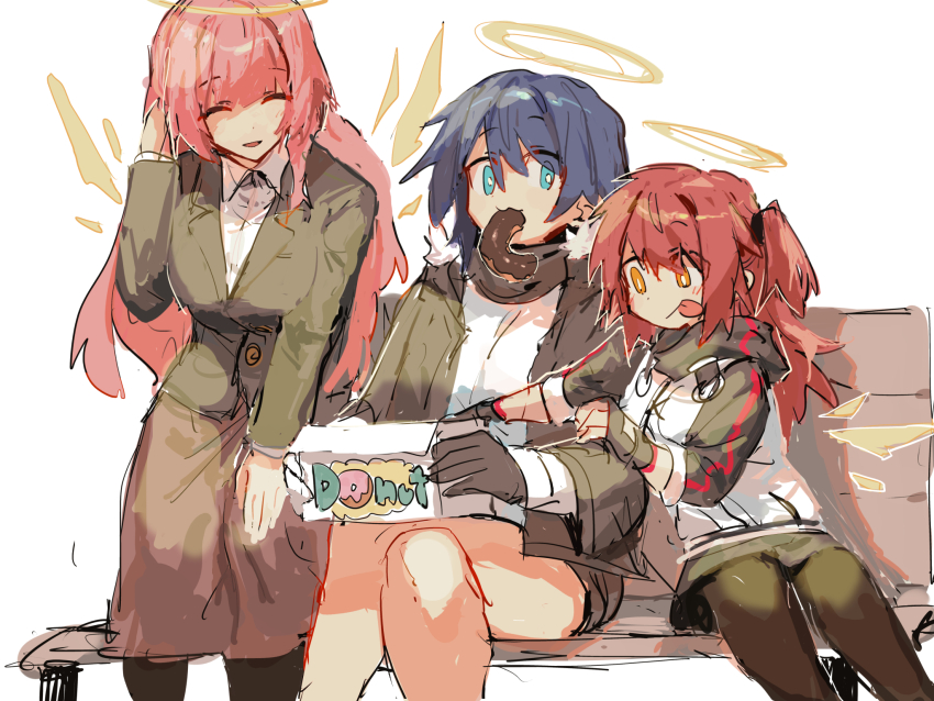 3girls :3 :p aged_down arknights black_gloves black_pantyhose black_sleeves blue_eyes blue_hair brown_skirt closed_eyes closed_mouth collared_shirt crossed_legs donut energy_wings exusiai_(arknights) feet_out_of_frame food gloves halo highres hood hood_down hooded_jacket jacket lemuen_(arknights) long_hair long_sleeves looking_at_another mostima_(arknights) mouth_hold multiple_girls mutomorokoshi no_horns official_alternate_hairstyle on_bench one_side_up open_clothes open_jacket open_mouth orange_eyes pantyhose pastry_box pink_hair red_hair shirt simple_background sitting skirt smile tongue tongue_out tucking_hair white_jacket white_shirt