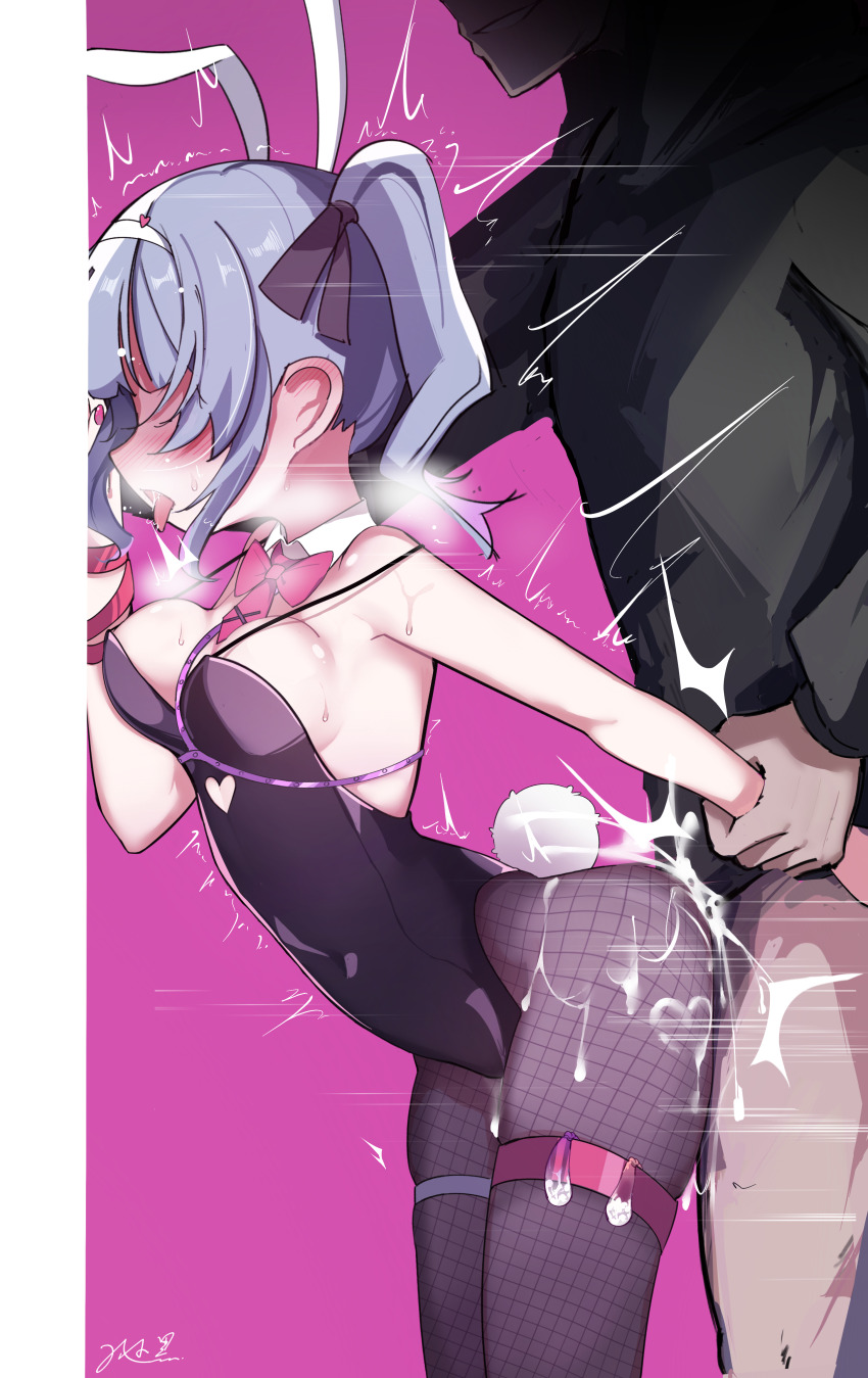 1boy 1girl absurdres against_wall animal_ears arm_grab bare_shoulders black_leotard black_pantyhose black_ribbon blue_eyes blue_hair blush bow bowtie breasts breath closed_mouth commentary_request condom covered_eyes cum cum_in_pussy cum_on_clothes detached_collar ejaculation fake_animal_ears fake_tail female_orgasm feng_xiaohei fishnet_pantyhose fishnets from_side grabbing_from_behind hair_ribbon hairband hatsune_miku hatsune_miku_(vocaloid3) hetero highres holding_another&#039;s_arm large_variant_set leotard medium_breasts medium_hair necktie no_pants orgasm pantyhose penis pink_background pink_bow pink_bowtie pink_necktie playboy_bunny rabbit_ears rabbit_hole_(vocaloid) rabbit_tail ribbon sex sex_from_behind shaded_face short_hair simple_background smirk spaghetti_strap standing standing_sex tail teardrop_facial_mark tongue tongue_out twintails twitching used_condom vaginal variant_set vocaloid white_hairband