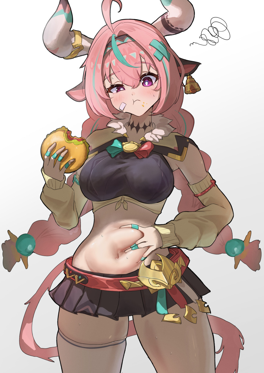 1girl absurdres ahoge animal_ears aqua_hair bandaid bandaid_on_cheek bandaid_on_face bell bell_earrings belly_grab black_skirt blush braid breasts burger closed_mouth commentary cow_ears cow_girl cow_horns cow_tail cowbell cowboy_shot crop_top detached_sleeves earrings eating food genshin_impact hair_between_eyes hair_ornament half-closed_eye highres holding holding_burger holding_food horns jewelry long_hair long_sleeves looking_at_viewer medium_breasts miniskirt multicolored_hair navel pink_hair pleated_skirt purple_eyes simple_background single_thighhigh skirt small_sweatdrop solo squiggle stomach streaked_hair sweat tail thighhighs thighs tora_(kumo_sakamoto) twin_braids varesa_(genshin_impact) white_background white_thighhighs wide_hips x_hair_ornament yellow_sleeves