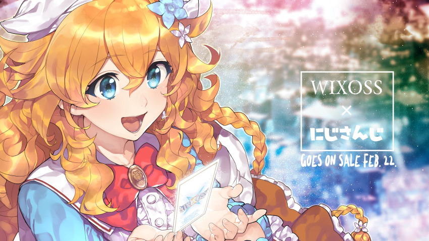 1girl :d blue_dress blue_eyes blush bow bowtie braid card center_frills commentary_request dress floating floating_object flower frilled_dress frills hair_between_eyes hair_flower hair_ornament hands_up highres hitoto long_hair long_sleeves nijisanji open_mouth orange_hair otogibara_era red_bow red_bowtie smile solo upper_body virtual_youtuber wixoss