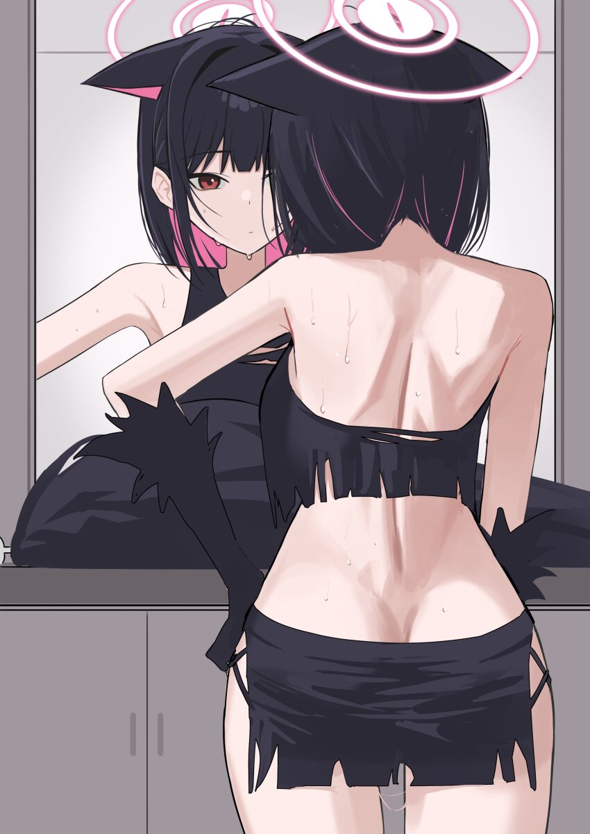 1girl absurdres anal_beads anal_tail animal_ears ass bare_arms bare_shoulders bikini black_bikini black_gloves black_hair blue_archive butt_crack butt_plug cat_ears cat_girl colored_inner_animal_ears colored_inner_hair elbow_gloves extra_ears fake_tail from_behind gloves halo highres kazusa_(blue_archive) kazusa_(halloween)_(blue_archive) momocadraw multicolored_hair official_alternate_costume pink_hair pink_halo red_eyes sex_toy short_hair solo sweat swimsuit tail two-tone_hair