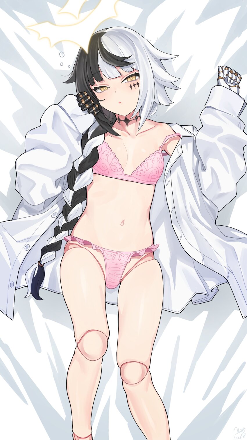 1girl absurdres arms_up bed_sheet black_hair borrowed_character bra braid braided_ponytail breasts collarbone commentary_request commission dated doll_joints facial_mark halo hands_up highres jacket joints looking_at_viewer lying multicolored_hair navel neck_tattoo off_shoulder on_back open_clothes open_jacket original panties parted_lips pink_bra pink_panties rkrk second-party_source signature skeb_commission small_breasts solo tattoo two-tone_hair underwear violet_(ac8231) white_hair white_jacket yellow_eyes