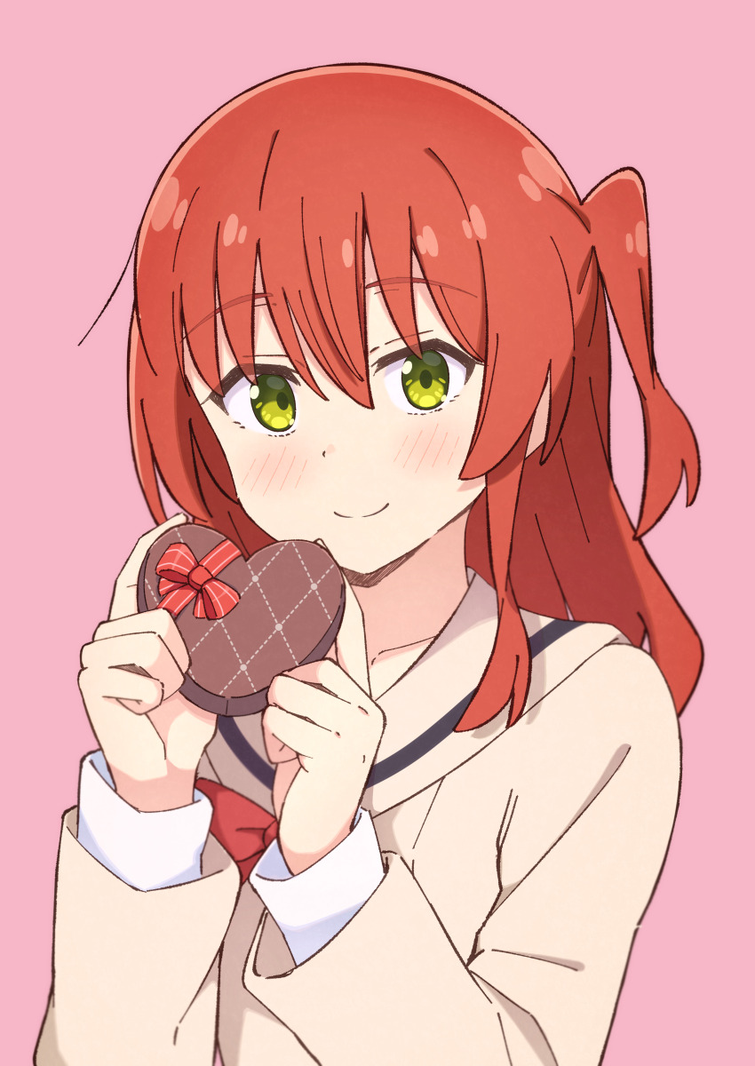 1girl absurdres blush bocchi_the_rock! bow bowtie box brown_sailor_collar brown_shirt commentary_request green_eyes hair_between_eyes heart-shaped_box highres holding holding_box kita_ikuyo long_hair long_sleeves looking_at_viewer mimori_(mimori_05) one_side_up pink_background red_bow red_bowtie red_hair sailor_collar shirt sidelocks simple_background smile solo upper_body valentine