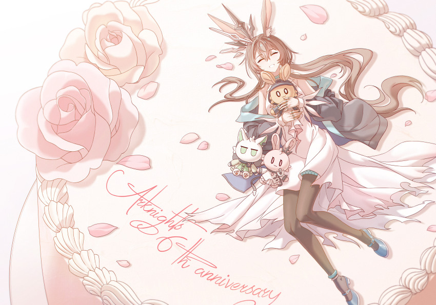 1girl ^_^ absurdres amiya_(arknights) animal_ear_fluff animal_ears anniversary arknights bare_shoulders black_jacket blue_shoes brown_hair brown_pantyhose cake character_doll closed_eyes commentary_request copyright_name doctor_(arknights) dress facing_viewer flower food gradient_background hair_between_eyes highres in_food innoarukugyou jacket kal&#039;tsit_(arknights) long_hair long_sleeves lying mini_person minigirl off_shoulder on_back open_clothes open_jacket pantyhose petals pink_background pink_flower pink_rose puffy_long_sleeves puffy_sleeves rabbit_ears rose shoes sleeveless sleeveless_dress smile theresa_(arknights) very_long_hair white_background white_dress