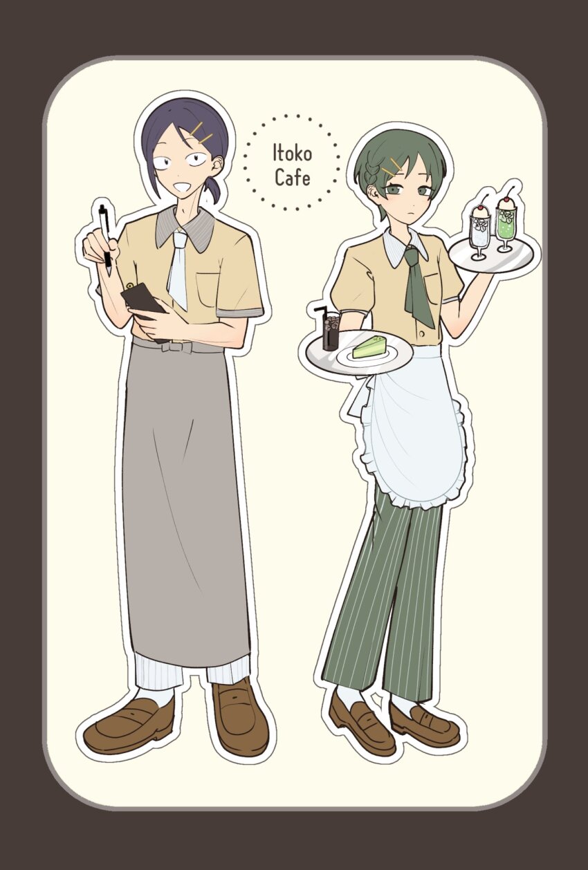 1boy 1girl :d apron black_hair braid breast_pocket brown_shoes cake cake_slice commentary_request contrast_collar cousins cup drinking_straw employee_uniform food frilled_apron frills full_body futsuu_no_keion-bu green_eyes green_hair green_necktie grey_apron hair_ornament hairpin highres holding holding_notepad holding_pen ice ice_cream ice_cream_float ice_cube iiyatusuki kouyama_rin loafers looking_at_viewer necktie notepad official_alternate_costume open_mouth outline pants pen pocket ponytail puffy_short_sleeves puffy_sleeves shirt shoes short_ponytail short_sleeves skirt smile socks standing striped_clothes striped_collar striped_pants striped_skirt taguchi_ryuuya vertical-striped_clothes vertical-striped_pants vertical-striped_skirt waist_apron waiter waitress white_apron white_necktie white_outline white_pants white_socks yellow_shirt