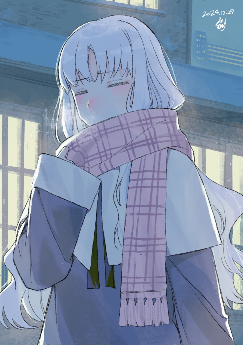 1girl absurdres blush caren_hortensia closed_eyes commentary_request dated fate/hollow_ataraxia fate_(series) habit highres long_hair noko_morokoshi scarf signature sleeves_past_wrists solo wavy_hair white_hair winter