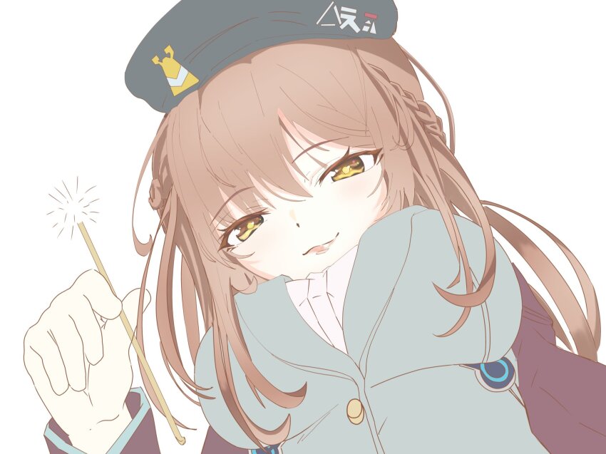 1girl beret braid breasts brown_hair ear_cleaning from_below green_vest half_up_braid hat heaven_burns_red highres immotalto lap_pillow large_breasts long_hair ooshima_ichiko pov shirt solo vest white_shirt yellow_eyes