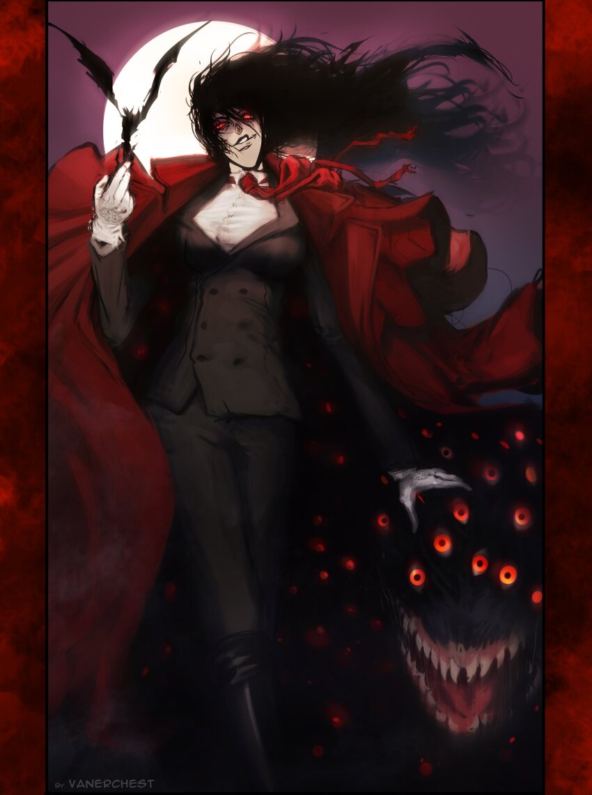 1girl absurdres alucard_(hellsing) black_hair boots breasts female_focus formal_clothes genderswap genderswap_(mtf) gloves hair_over_eyes hellsing highres jacket jacket_on_shoulders large_breasts long_hair magic smile smirk smug solo suit threatening vampire very_long_hair white_gloves