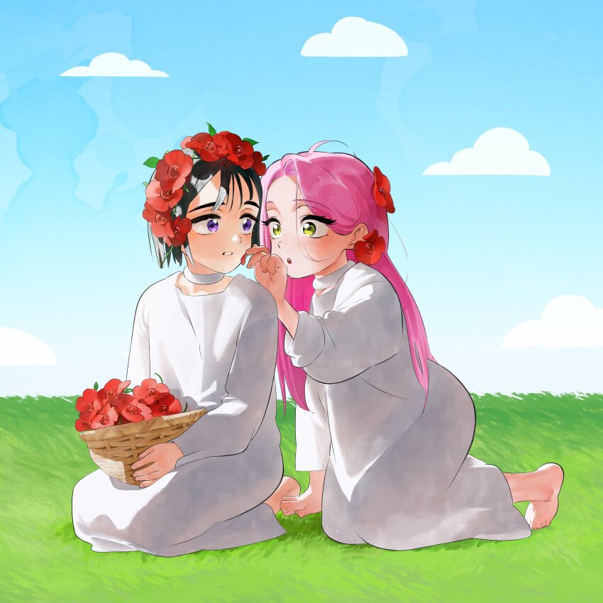 2girls absurdres alien_stage anemone_(flower) black_hair cloud collar dress flower flower_basket flower_wreath glasses grass green_eyes hair_flower hair_ornament head_wreath highres kneeling long_hair long_sleeves looking_at_another mizi_(alien_stage) multiple_girls official_art on_grass pink_hair purple_eyes red_flower round_eyewear short_hair sitting sky sua_(alien_stage) white_collar white_dress