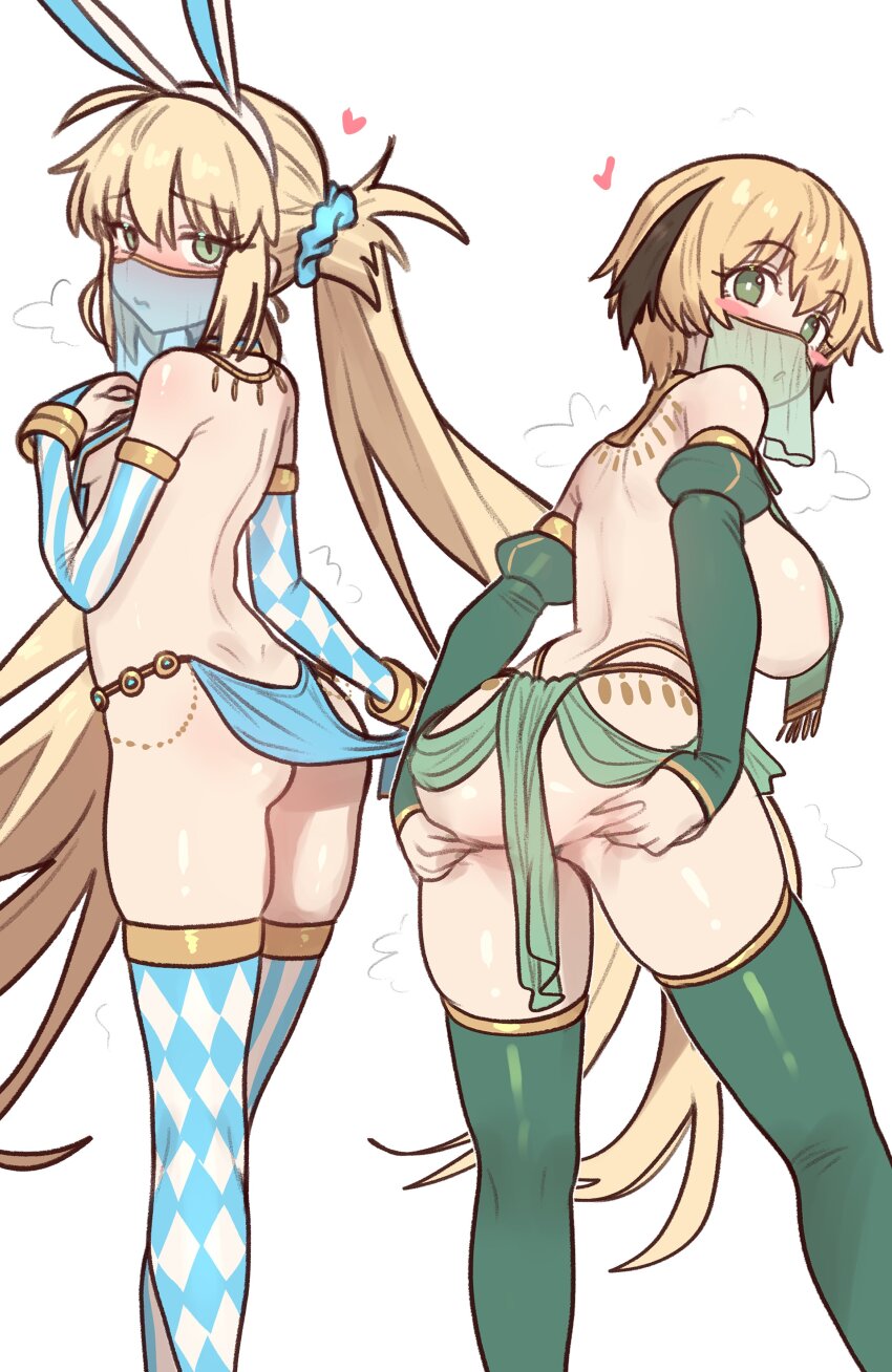2girls absurdres adapted_costume animal_ears artoria_caster_(fate) artoria_caster_(swimsuit_berserker)_(fate) artoria_caster_(swimsuit_berserker)_(second_ascension)_(fate) artoria_pendragon_(fate) ass blonde_hair blue_gloves blue_thighhighs breasts bridal_gauntlets ebora elbow_gloves fake_animal_ears fate/grand_order fate_(series) from_behind gareth_(fate) gloves green_eyes green_gloves green_thighhighs harem_outfit highres large_breasts long_hair looking_at_viewer mouth_veil multiple_girls rabbit_ears short_hair small_breasts thighhighs twintails veil white_background