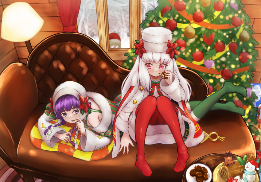 1boy 2girls box braid christmas_tree commentary couch eating fire_emblem fire_emblem:_the_sacred_stones fire_emblem:_three_houses fire_emblem_heroes flower food fur_trim gift gift_box glasses green_thighhighs hat hat_flower highres howaito_gyuunyuu ignatz_victor ignatz_victor_(winter) lamp long_hair long_sleeves looking_at_another lute_(fire_emblem) lute_(winter)_(fire_emblem) lysithea_von_ordelia lysithea_von_ordelia_(winter) multiple_girls nintendo official_alternate_costume on_couch pantyhose purple_eyes purple_hair red_eyes red_headwear red_pantyhose santa_hat sitting snowman thighhighs twin_braids white_hair white_headwear window