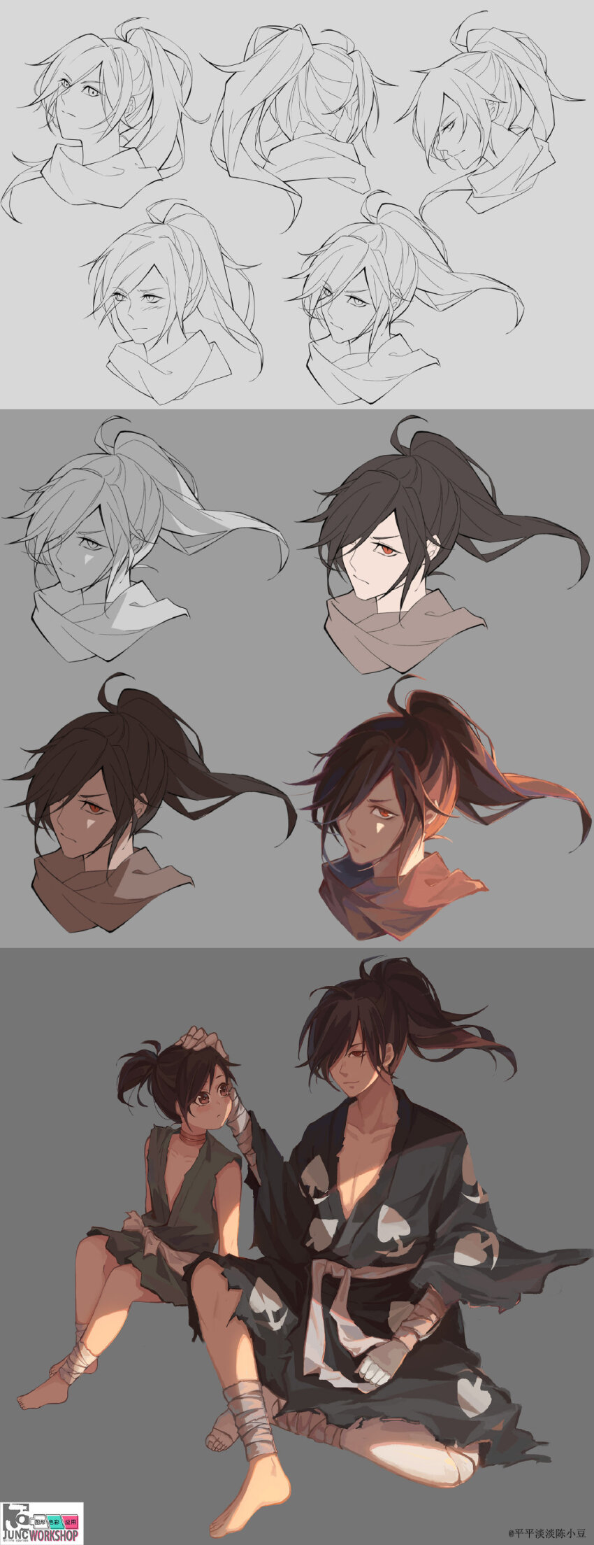 2boys absurdres artist_name bandaged_arm bandaged_leg bandaged_neck bandages bare_arms bare_legs bare_shoulders barefoot blue_robe bow brown_eyes brown_hair check_copyright child closed_mouth collarbone copyright_request cropped_shoulders crossed_ankles determined doll_joints dororo_(character) dororo_(tezuka) eyes_visible_through_hair floating_hair from_behind full_body gauntlets green_robe hair_between_eyes hair_over_one_eye hand_on_another&#039;s_head highres hyakkimaru_(dororo) joints light_blush light_frown light_smile lineart long_hair long_sleeves looking_ahead looking_at_another loose_hair_strand male_focus multiple_boys multiple_views partially_colored pectoral_cleavage pectorals pingping_dandan_chen_xiaodou ponytail red_eyes robe sash scarf second-party_source short_ponytail sleeveless_robe spade_(shape) toes torn_clothes torn_robe torn_sleeves v-shaped_eyebrows waist_bow waist_sash watermark white_bow white_sash wide_sleeves