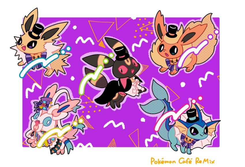 :d :o animal_focus animal_hands black_cape black_eyes black_fur black_hat blue_eyes blue_fur border bow cape clothed_pokemon fang fins fish_tail flareon flareon_(halloween) full_body gen_1_pokemon gen_2_pokemon gen_6_pokemon hat head_fins highres jolteon jolteon_(halloween) looking_at_viewer mini_hat mini_top_hat neck_fur nintendo no_humans nose_poke000 open_mouth orange_fur pink_fur pokemon pokemon_(creature) pokemon_cafe_remix purple_background purple_bow purple_eyes red_eyes shirt simple_background smile spiked_tail standing sylveon sylveon_(festive) tail top_hat umbreon umbreon_(halloween) vaporeon vaporeon_(halloween) white_border white_fur white_shirt yellow_fur