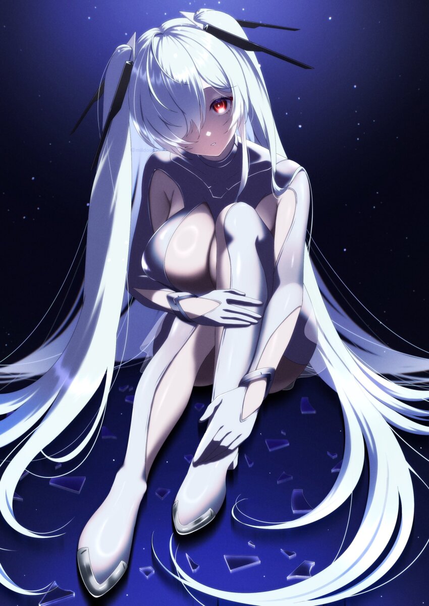 1girl bodysuit breasts cinderella_(nikke) cleavage_cutout clothing_cutout goddess_of_victory:_nikke hair_over_one_eye hair_spread_out headgear highres large_breasts long_hair milmil7 one_eye_covered red_eyes see-through_clothes see-through_skirt sitting skirt solo twintails very_long_hair white_bodysuit white_hair