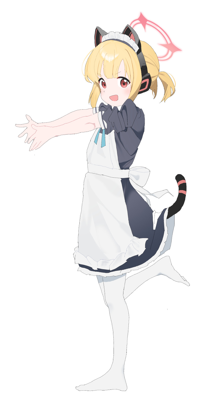 1girl :d absurdres animal_ears apron black_dress blonde_hair blue_archive blush dress fake_animal_ears frilled_apron frills full_body fuyubone highres long_hair long_sleeves looking_at_viewer maid maid_apron maid_headdress momoi_(blue_archive) open_mouth original pantyhose puffy_sleeves red_eyes ribbon shoes short_hair short_sleeves simple_background smile solo standing standing_on_one_leg tail white_apron white_background