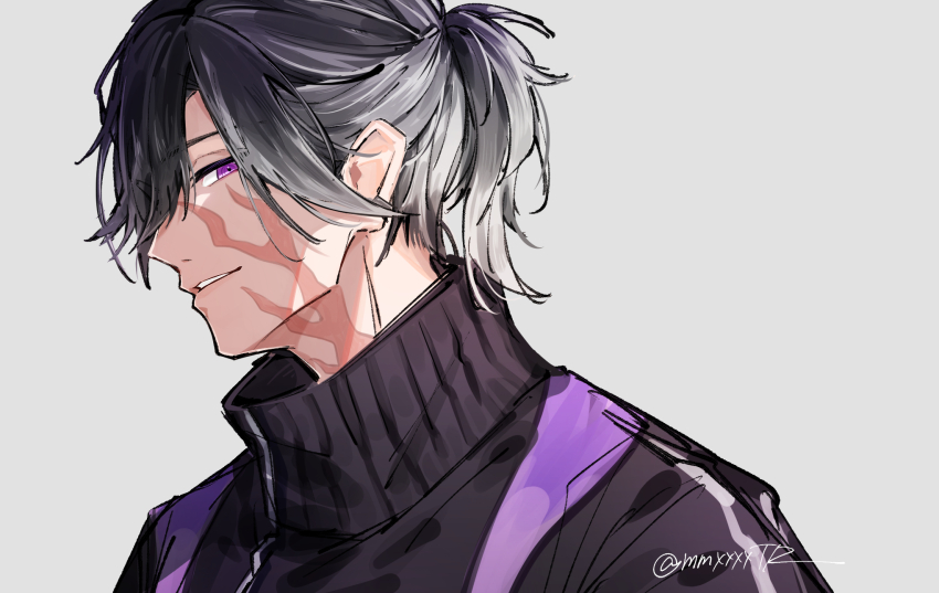 1boy artist_name black_hair black_jacket burn_scar from_side grey_background grey_hair highres jacket jikkyuu_mitsutada looking_at_viewer looking_to_the_side male_focus multicolored_hair parted_lips ponytail portrait profile purple_eyes rakanama scar scar_on_face scar_on_neck short_hair simple_background smile solo touken_ranbu track_jacket twitter_username two-tone_hair zipper zipper_pull_tab