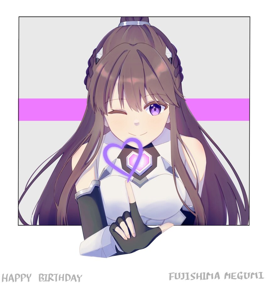 1girl ;) amane61115 black_gloves border braid breasts brown_hair character_name closed_mouth elbow_gloves fanfare!!!_(love_live!) fingerless_gloves fourth_wall fujishima_megumi gloves happy_birthday heart-shaped_gem highres large_breasts link!_like!_love_live! long_hair love_live! mira-cra_park! official_alternate_costume official_alternate_hairstyle one_eye_closed ponytail purple_eyes side_braids sleeveless smile solo split_mouth upper_body virtual_youtuber white_border