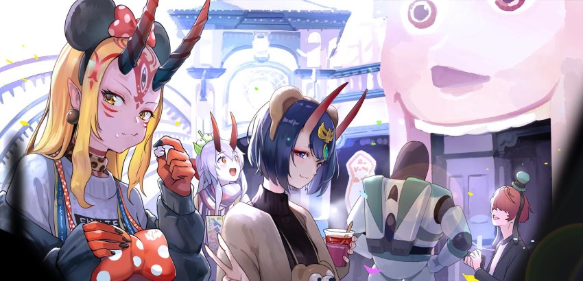 2boys 3girls amusement_park blonde_hair blush bob_cut breasts buzz_lightyear casual coat confetti cup day earrings eating eyeshadow facial_mark fate/grand_order fate_(series) fuuma_kotarou_(fate) gem green_gemstone hair_between_eyes hair_ornament hair_ribbon highres holding holding_cup horns ibaraki_douji_(fate) jacket jewelry kagawa_ichigo long_hair looking_at_viewer makeup minnie_mouse_ears multiple_boys multiple_girls oni open_clothes open_mouth outdoors pointy_ears ponytail purple_eyes purple_hair red_eyes ribbon scarf sheriff_woody short_hair shuten_douji_(fate) sidelocks skin-covered_horns small_breasts smile sweater tattoo tomoe_gozen_(fate) toy_story toy_story_mania! turtleneck turtleneck_sweater v yellow_eyes