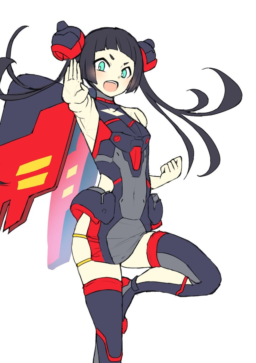 1girl armpits boots covered_navel flat_chest flat_color g_gundam green_eyes gundam head_tilt highres i.takashi looking_at_viewer master_gundam mecha_musume mechanical_wings personification science_fiction short_eyebrows solo thigh_boots thighhighs twintails v-shaped_eyebrows white_background wings